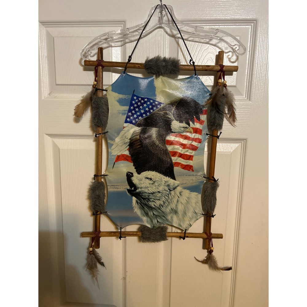 Vintage‎ Style Eagle Wolf American Flag Faux Hide Wood Frame Wall Hanging Decor